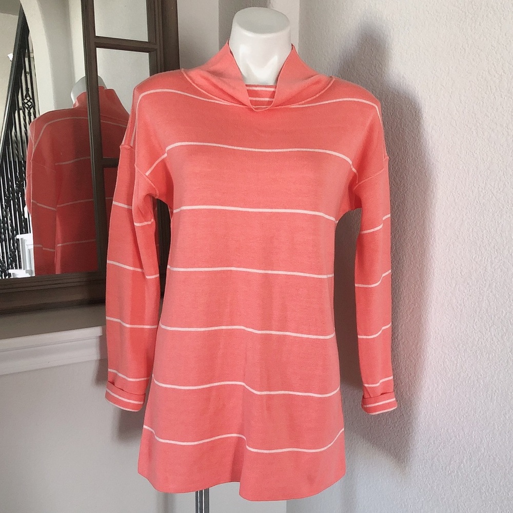 J.Jill Reversible Turtleneck Sweater Cotton Stripe Grapefruit White Size S NWT